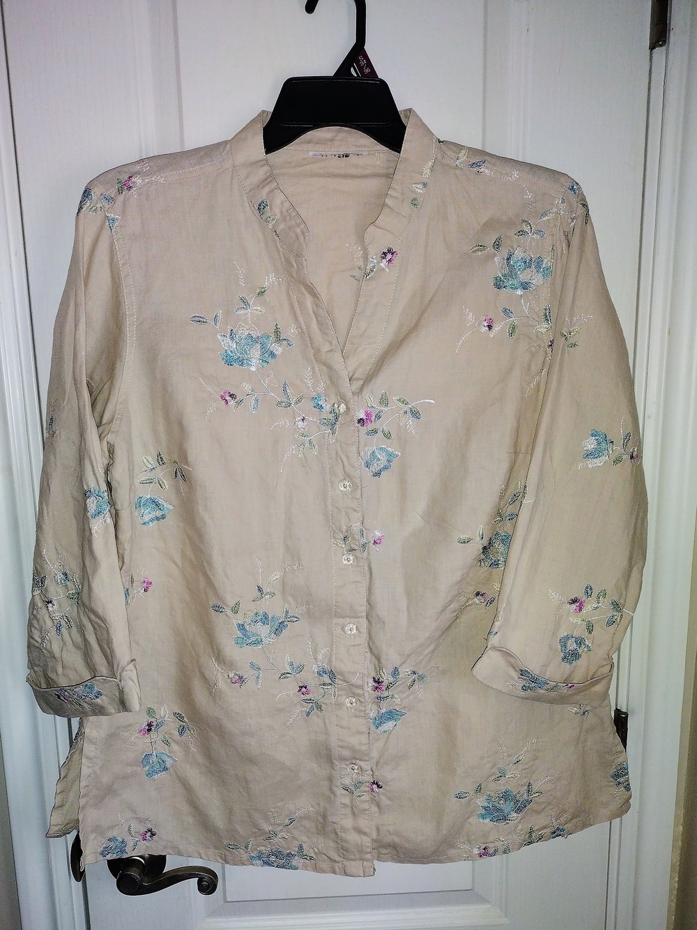 Shanghai Red Linen 1X Floral Embroidered Women's Blouse Coastal Casual Tunic